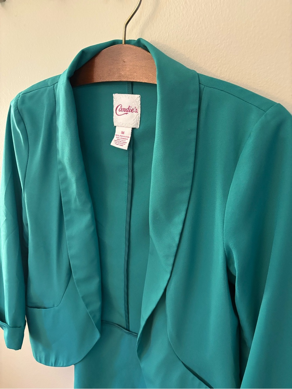 Candies Open Front Blazer Womens Medium Teal Green Shawl Collar Cropped Jacket